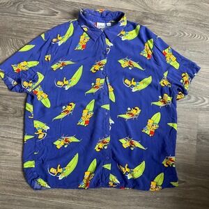 The Simpsons Bart Simpson Surfboard Graphic Print Button Up Shirt XXL 0074‎